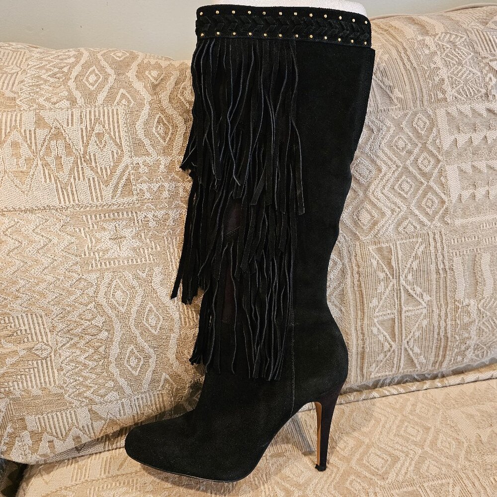 8M Women's Black Suede Boots with Fringe